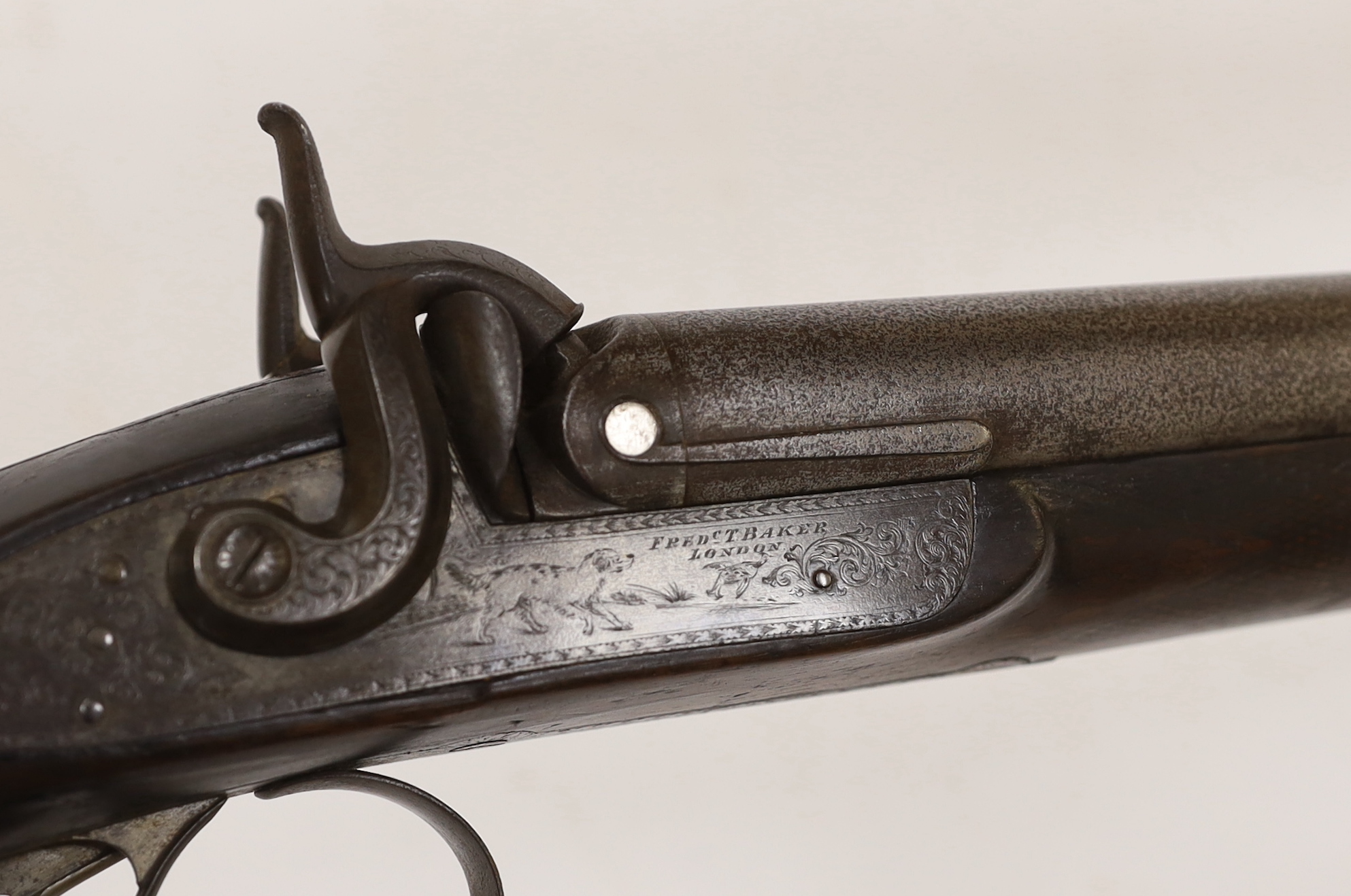 A double barrel, percussion sporting gun by F.T. Baker, half stocked, locks engraved with gundogs, iron mounts, barrels 74cm
